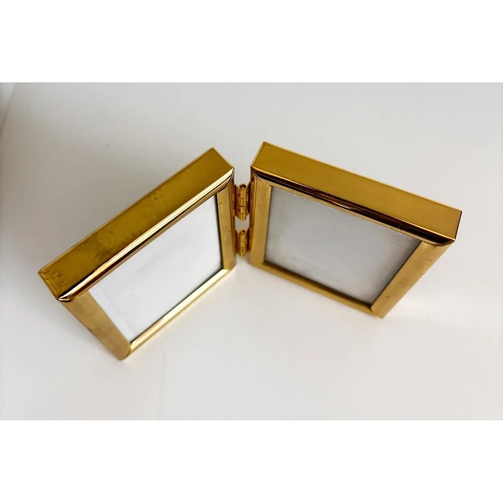 Vintage‎ Brass Small Double Picture Frame Folding Gold Tone 2.5x3.5 Portrait